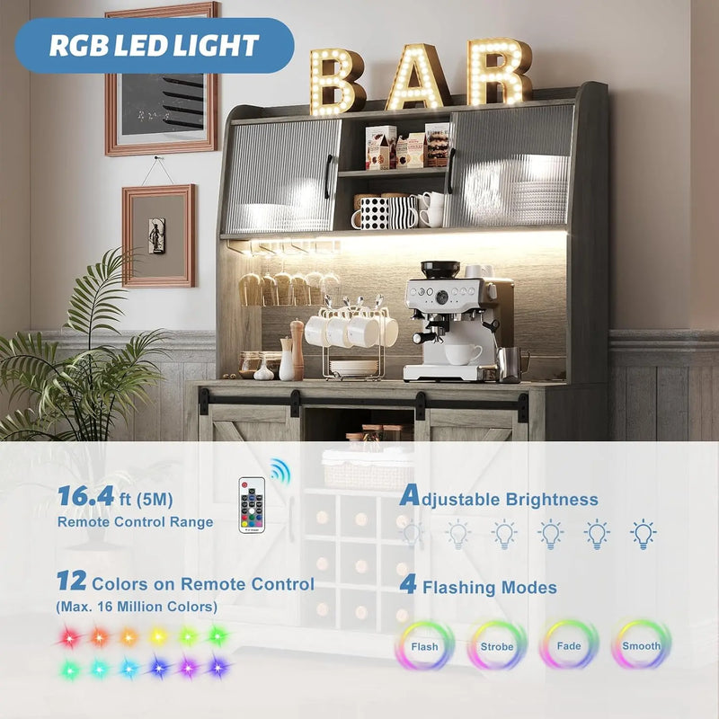 Coffee Bar Cabinet with Charging Station & LED Light, Farmhouse Kitchen Hutch with Sliding Acrylic Doors, Tall Bar Cabinet with