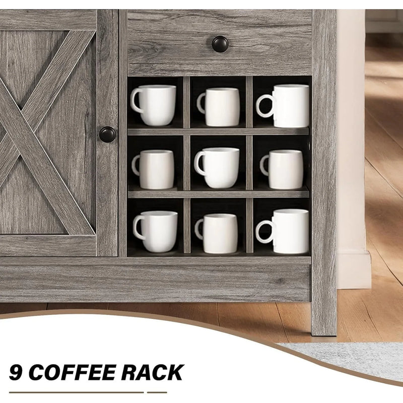 Farmhouse Coffee Bar Cabinet with Storage, 32 inch Coffee Bar Table with Barn Door and 9 Wine Racks, Coffee Bar Accessories