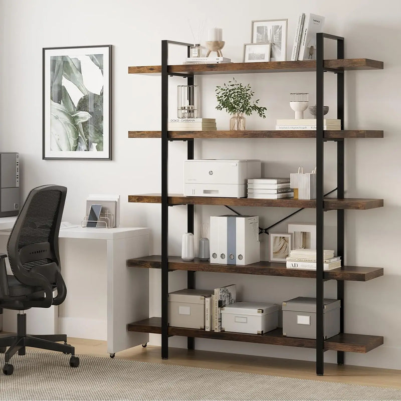 Bookshelf, 5 Tier Book Shelf, Industrial Bookcase For Home And Office, 47"" Length Wide Wood Standing Bookshelf Display Open