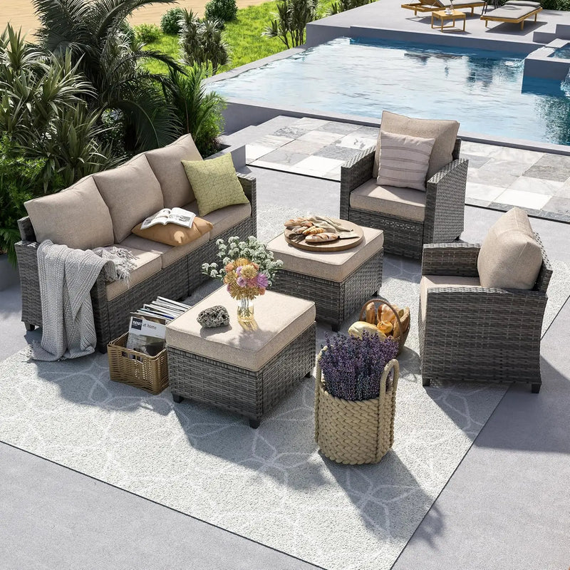 Outdoor Patio Furniture Set with 44" Fire Pit Table for Garden Backyard Deck, 6 Pieces Sectional Conversation Sets