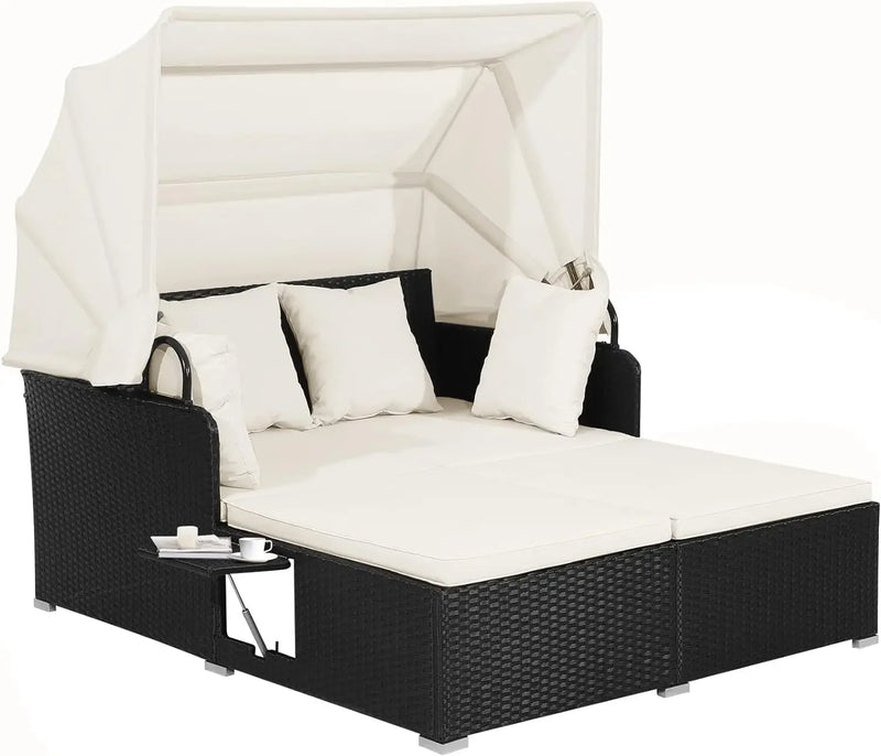Patio Rattan Daybed with Retractable Canopy, Patiojoy Wicker Sun Lounger with 2 Foldable Side Panels, Thick Seat & Back Cushions