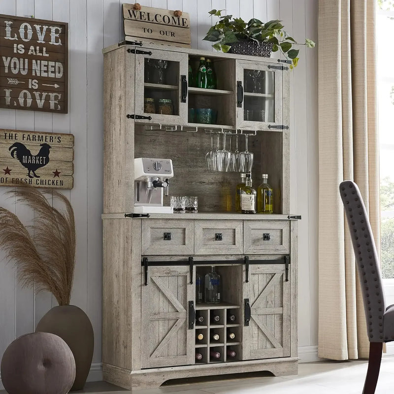 72" Farmhosue Bar Cabinet with Sliding Barn Door, Large Kitchen Buffet with Hutch w/Wine & Glasses Rack, 3 Drawers, 12 Stora