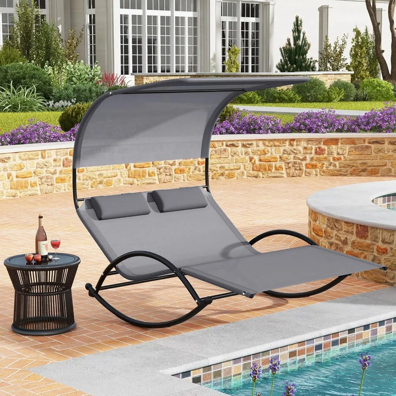 Outdoor Chaise Lounge Rocker, 2-Person Rocking Daybed Sun Lounger with Sun Shade Canopy & Headrest Pillows, Hammock Bed Loveseat