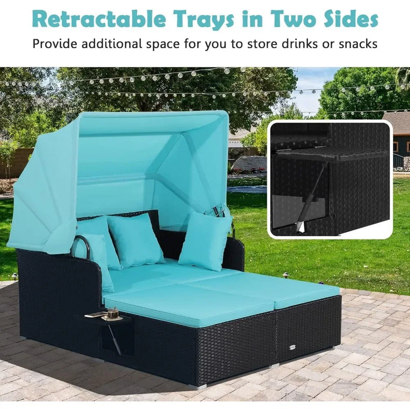 Patio Rattan Daybed with Retractable Canopy, Patiojoy Wicker Sun Lounger with 2 Foldable Side Panels, Thick Seat & Back Cushions