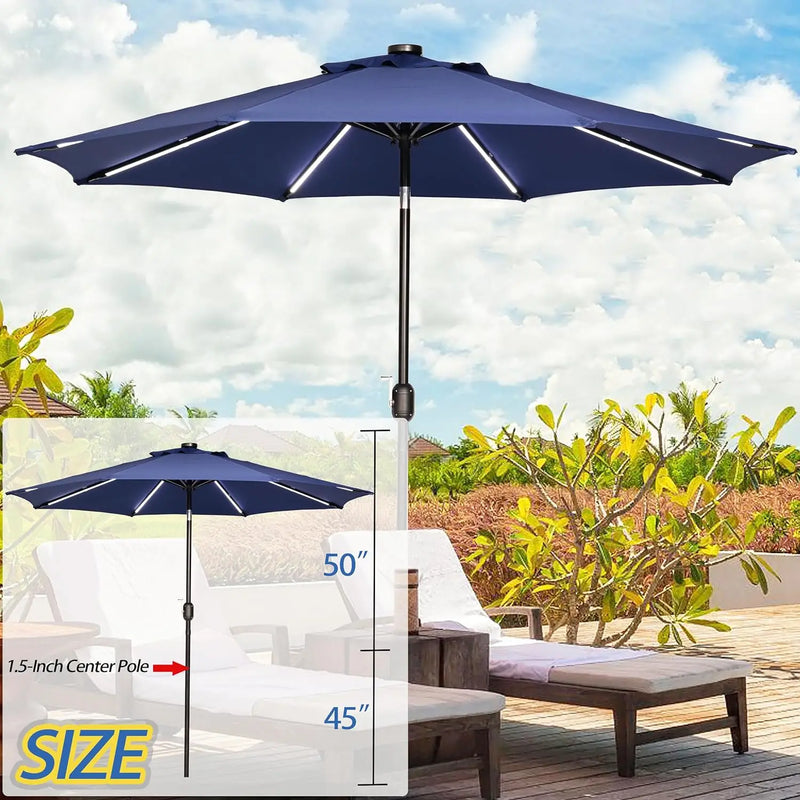 9FT Outdoor Solar LED Lighted Patio Umbrella with 8 LED Strip Lights & 8 Ribs, Convenient Crank Lift System