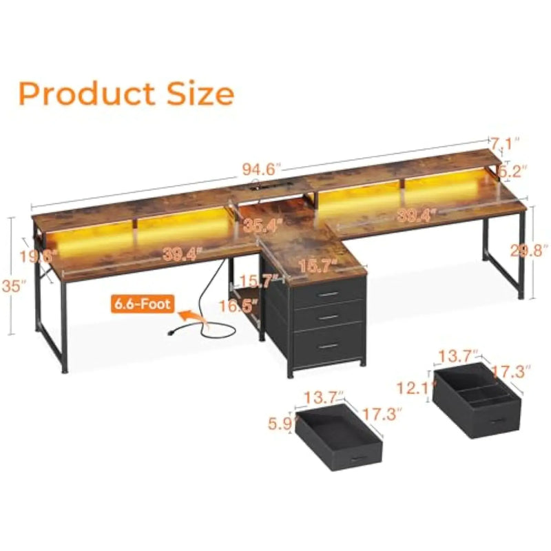 94 Computer Desk with Fabric Drawer & File Cabinet- 2 Person Home Office Desk with Power Outlet & LED Light, Long Writing Desk