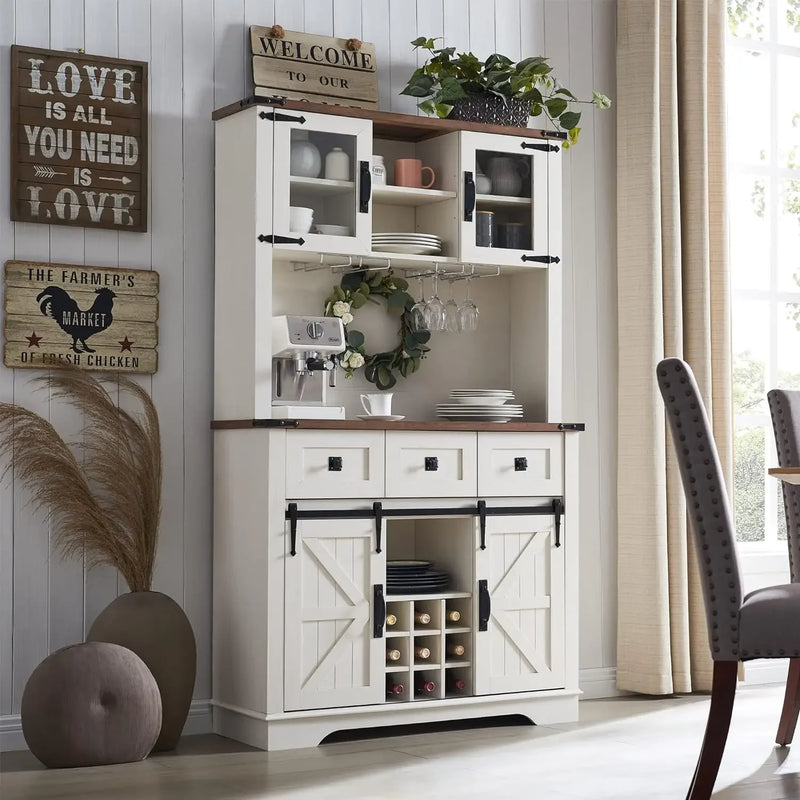 72" Farmhosue Bar Cabinet with Sliding Barn Door, Large Kitchen Buffet with Hutch w/Wine & Glasses Rack, 3 Drawers, 12 Stora