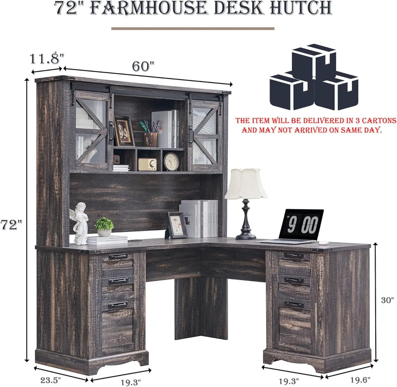 RedLemon 60" Farmhouse L Shaped Desk with Hutch Wood Home Office Executive Desk with Drawer Charging Station File Drawer