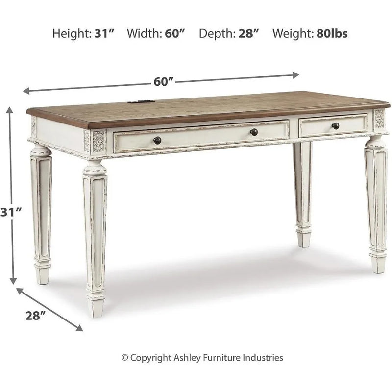 Signature Design by Ashley Realyn Farmhouse 60" Home Office Desk with USB Charging, Chipped White