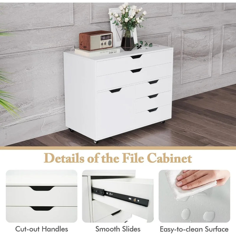 File Cabinet, Rolling Lateral Filing Cabinet with 2 Large Drawers, 3 Small Drawers, Side Cabinet, Wheels, Load 220 Lbs, Office