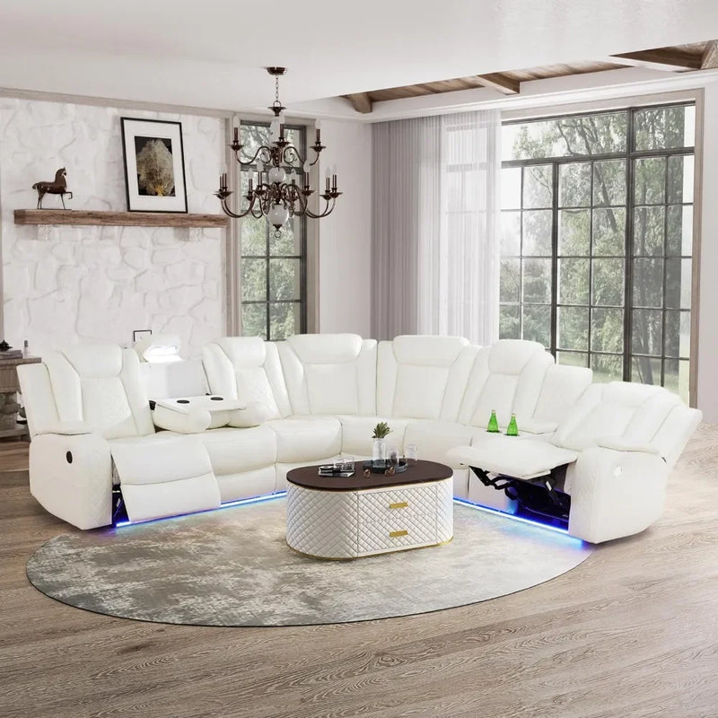 Sofa Living Room, Power Reclining Sectional Sofa USB Chargers And Storage Console, Leather Recliner Sofa For Living Room Set