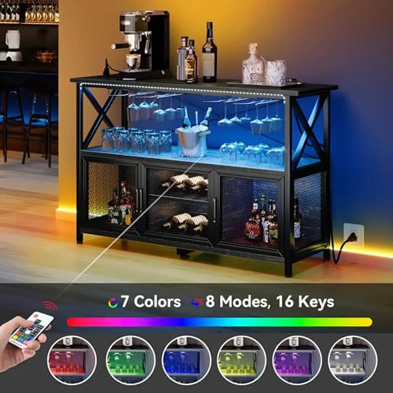 Modern LED Bar Cabinet with Storage Rack and Adjustable Height Metal Stand Wine Holder Liquor Display Shelf Home Office TV Stand