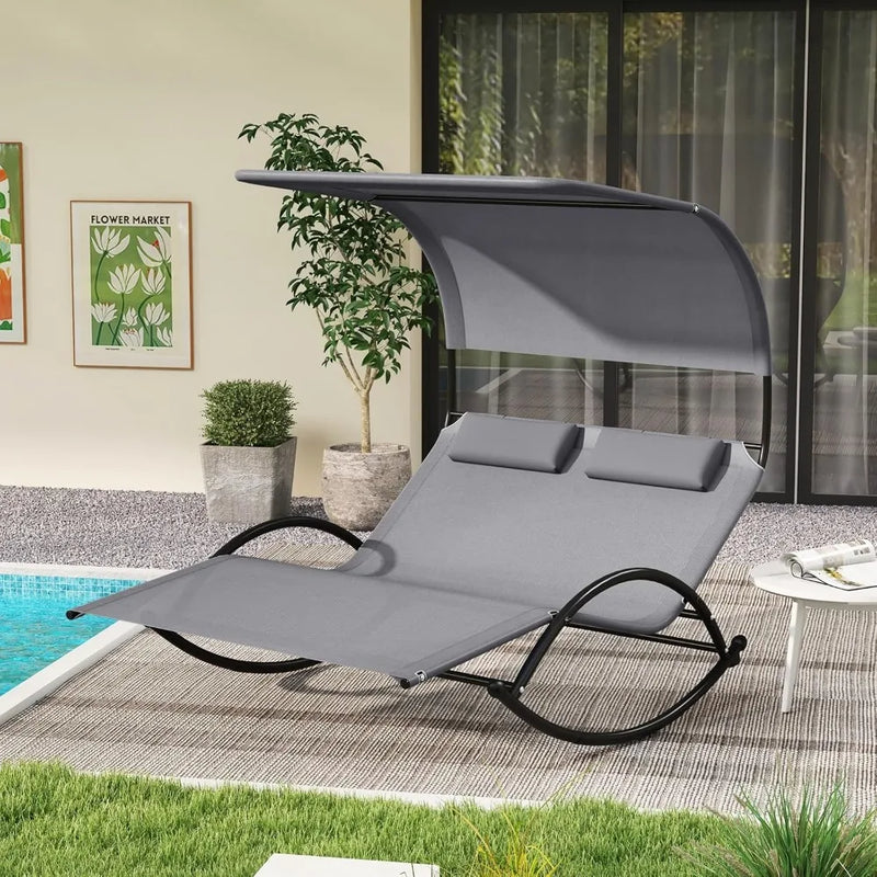 Outdoor Chaise Lounge Rocker, 2-Person Rocking Daybed Sun Lounger with Sun Shade Canopy & Headrest Pillows, Hammock Bed Loveseat