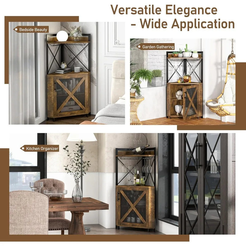 Farmhouse Corner Wine Cabinet with Storage, Wine Bar Cabinet with Glass Holder, Liquor Cabinet with Metal Mesh Doors & Adjustable Shelf