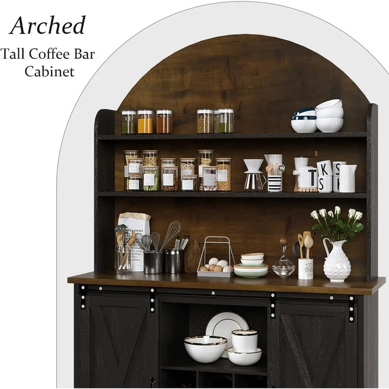 Farmhosue Coffee Bar Cabinet with Open Shelf, 67" Black Coffee Bar with Hutch & Wine Rack, Arched Cabinet with Storage