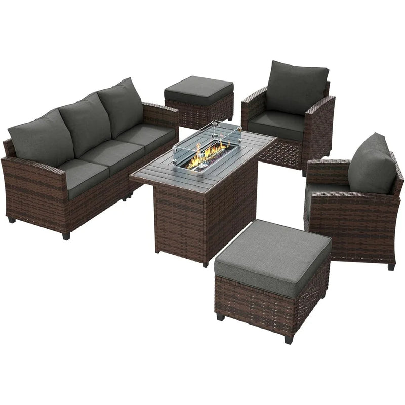 Outdoor Patio Furniture Set with 44" Fire Pit Table for Garden Backyard Deck, 6 Pieces Sectional Conversation Sets