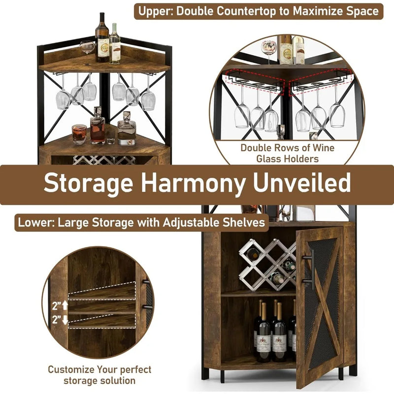 Corner Wine Cabinet with Storage, Wine Bar Cabinet with Glass Holder, Liquor Cabinet with Metal Mesh Doors & Adjustable Shelf fo