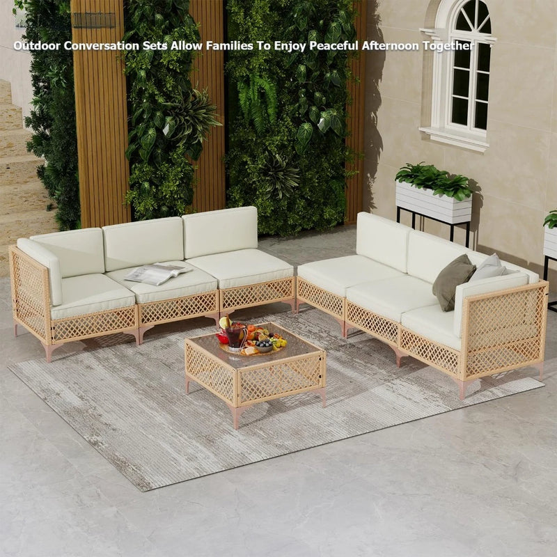 7 Piece Outdoor Patio Furniture Set, Boho Outdoor Patio Sectional Set, with Coffee Glass Table Backyard Garden Furniture Sets