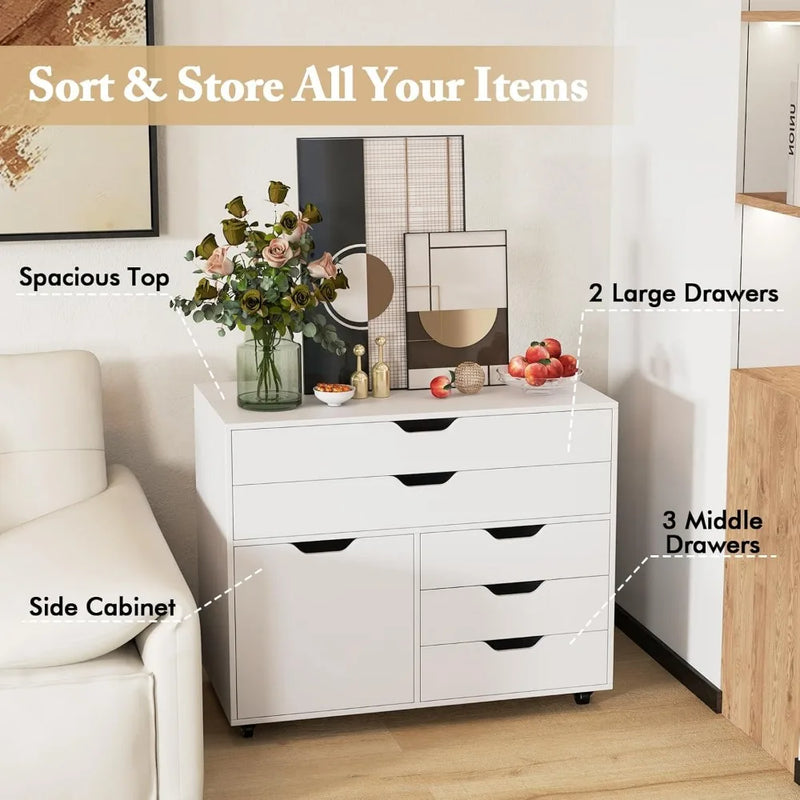 File Cabinet, Rolling Lateral Filing Cabinet with 2 Large Drawers, 3 Small Drawers, Side Cabinet, Wheels, Load 220 Lbs, Office