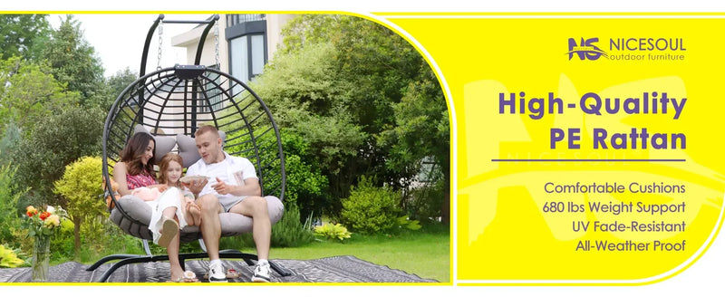 2 Person Double Egg Chair Outdoor Patio Wicker Loveseat Hanging Chair Swing Egg Chairs with Beige Cushions Double Seats