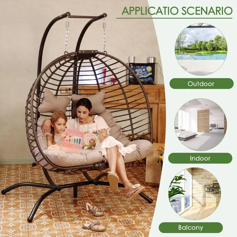 2 Person Double Egg Chair Outdoor Patio Wicker Loveseat Hanging Chair Swing Egg Chairs with Beige Cushions Double Seats