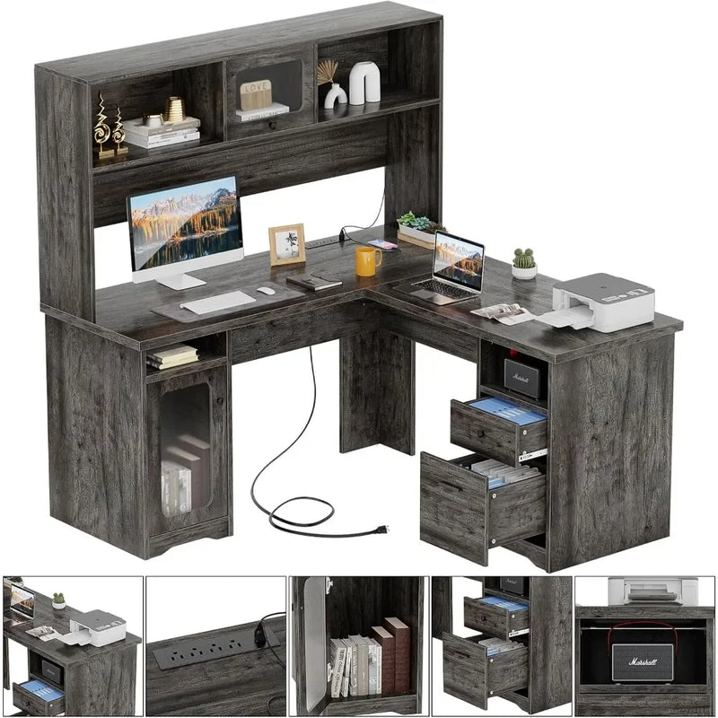 60" Office Desk with Drawers & Hutch, Large L Shaped Computer Desk with Power Outlet & LED Lights, File Cabinets,Corner Desk