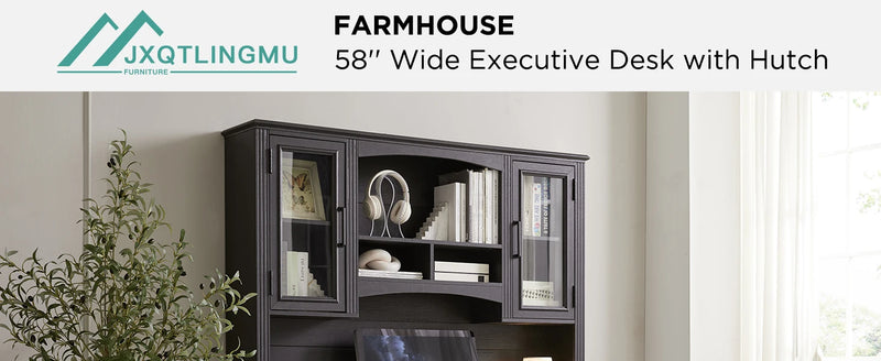 JXQTLINGMU Farmhouse 76" Height Computer Office Desk with Hutch Charging Station Drawers Storage Cabinet Workstation Home