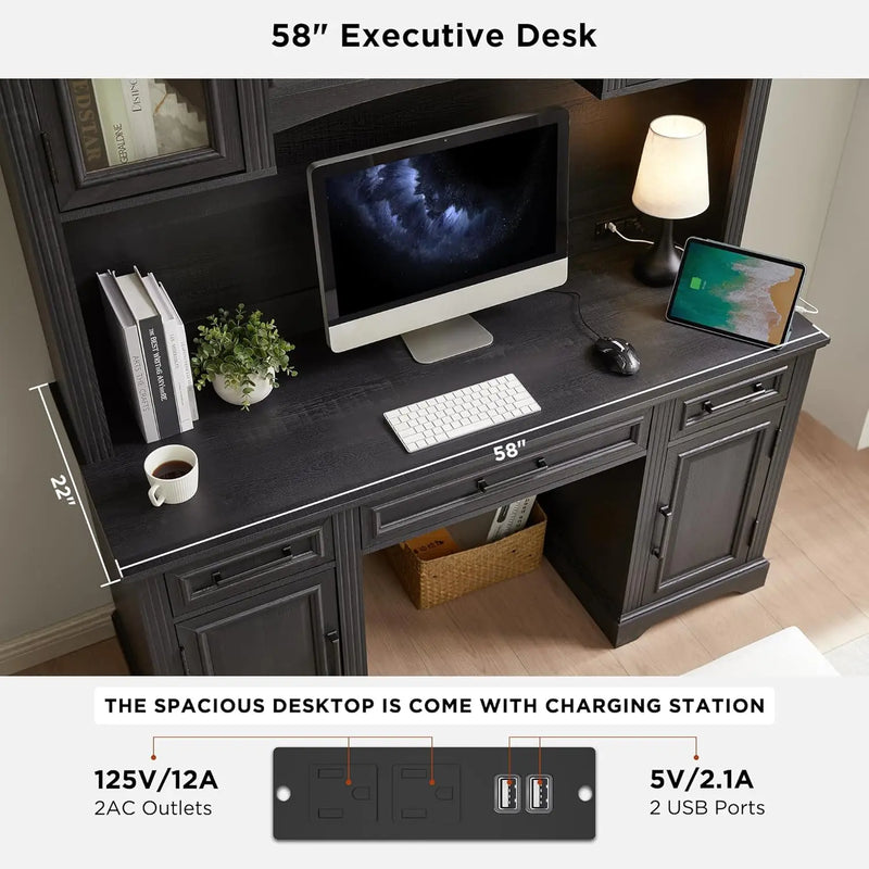 JXQTLINGMU Farmhouse 76" Height Computer Office Desk with Hutch Charging Station Drawers Storage Cabinet Workstation Home