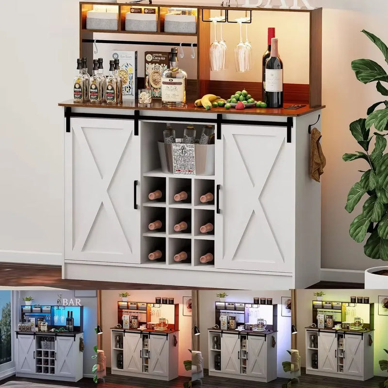 Coffee Bar Cabinet with Adjustable 20-Color LED Lights and 6.5FT Outlet, Kitchen Buffet Storage Cabinet, 47'' Sideboard