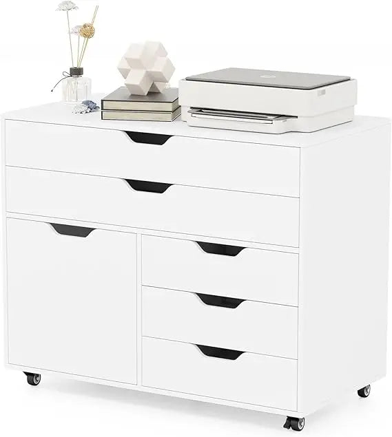 File Cabinet, Rolling Lateral Filing Cabinet with 2 Large Drawers, 3 Small Drawers, Side Cabinet, Wheels, Load 220 Lbs, Office