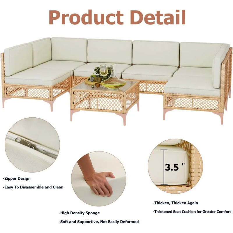 7 Piece Outdoor Patio Furniture Set, Boho Outdoor Patio Sectional Set, with Coffee Glass Table Backyard Garden Furniture Sets