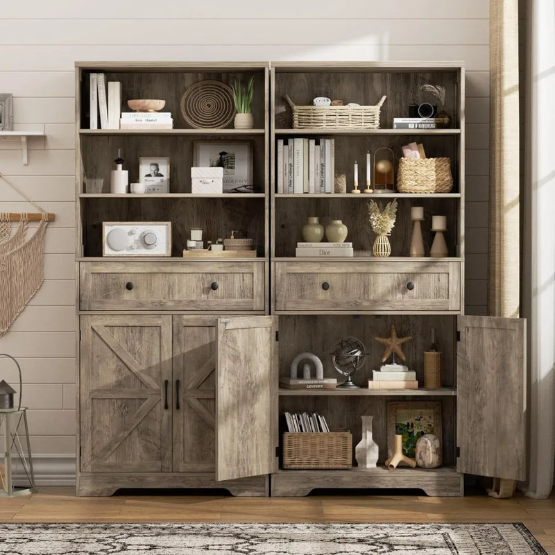 71"H Farmhouse Tall Storage Cabinet, Kitchen Pantry Cabinet with Barn Doors and Adjustable Shelves, Floor Standing Bookshelf 5 T
