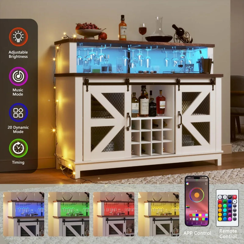 55" Coffee Bar Cabinet with LED Lights, Farmhouse Wine Bar Cabinet for Home with Wine Glass Rack, Kitchen Buffet Cabinet with Sl