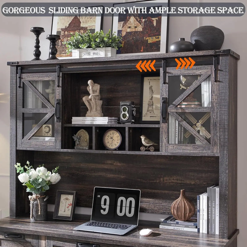 RedLemon 60" Farmhouse L Shaped Desk with Hutch Wood Home Office Executive Desk with Drawer Charging Station File Drawer
