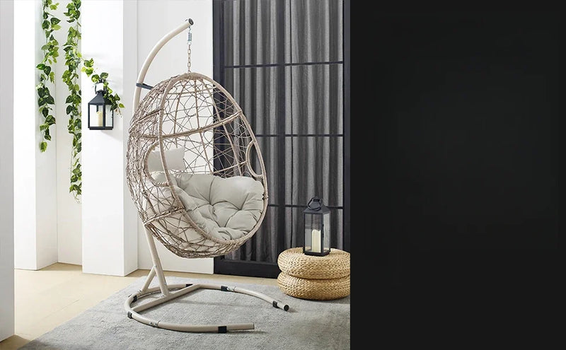 Furniture Indoor Outdoor Hanging Egg Chair with Stand for Patio, Porch, Deck, Light Brown with Sand Cushions