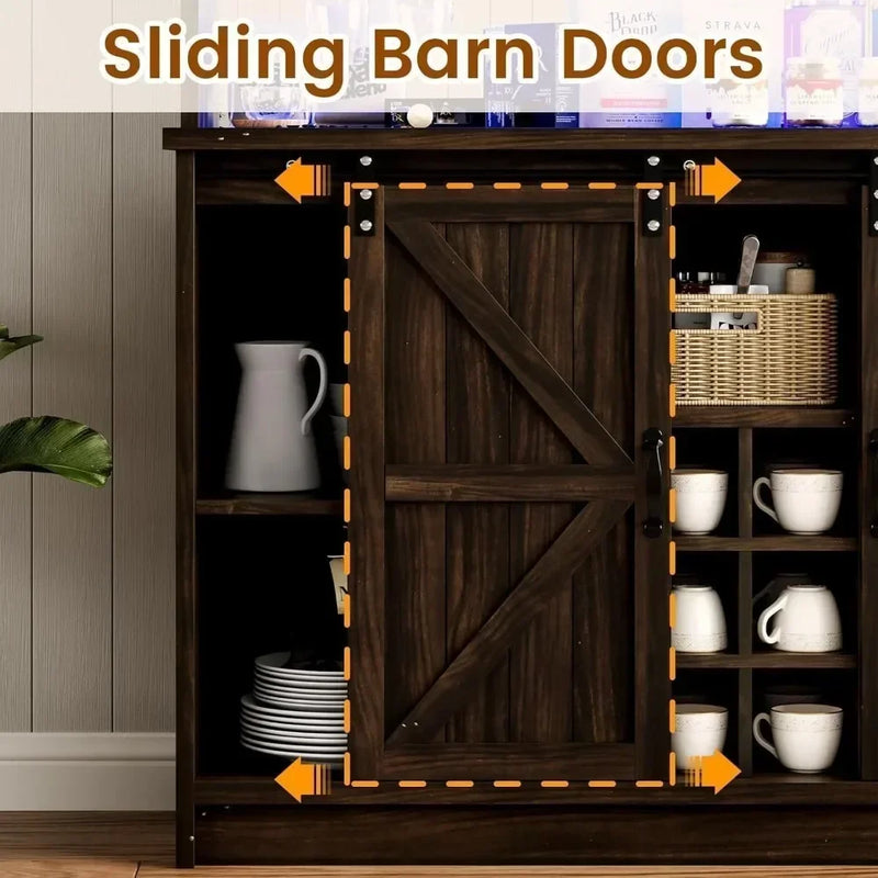 Bar Cabinet, 47” Buffet Sideboard with 4 Glass Hooks & 9 Wine Racks, Coffee Bar Cabinet with Sliding Barn Door Bar Cabinet