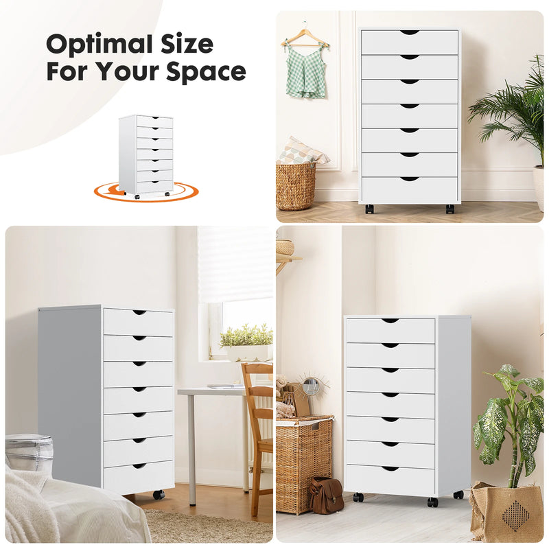 JHK 7 Drawer Chest Dressers Nightstand Storage Cabinet Wooden File Office Mobile Cabinet Wheels Living Room Organizer Rolling