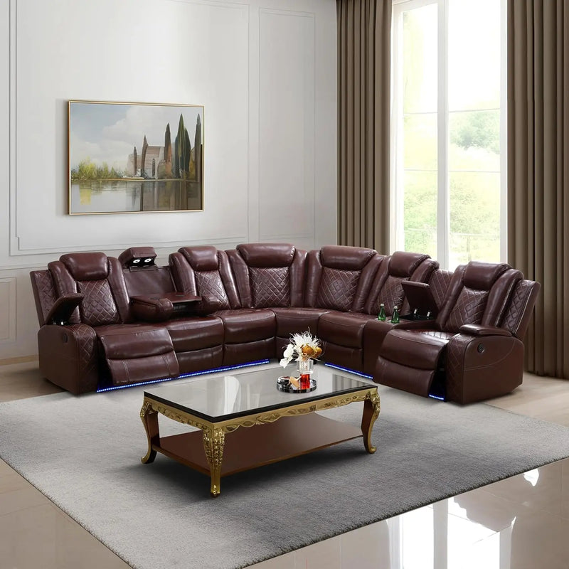 Power Recliner Sectional Sofa with LED Light, Breathing Leather Power Reclining Sofa, Sectional Reclining sofas with USB Port