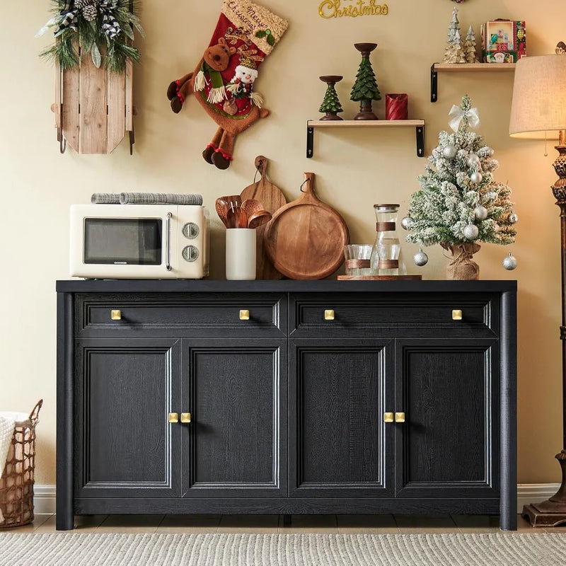 Farmhouse Buffet Cabinet with Drawers, Large Sideboard Buffet Credenza Storage Cabinet with Shelves & 4 Doors, Wood Rustic