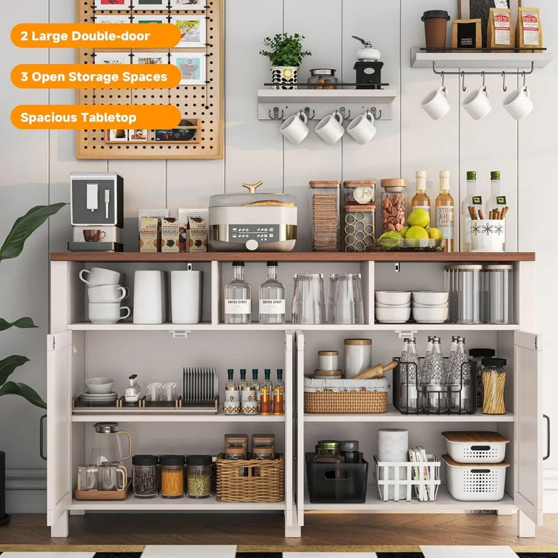 Buffet Sideboard with Storage Farmhouse with 4 Doors, 55'' Large Kitchen Storage Cabinet Wood Coffee Bar Cabinet Buffet Table
