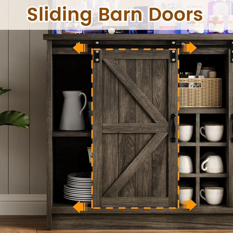 Bar Cabinet, 47” Buffet Sideboard with 4 Glass Hooks & 9 Wine Racks, Coffee Bar Cabinet with Sliding Barn Door Bar Cabinet
