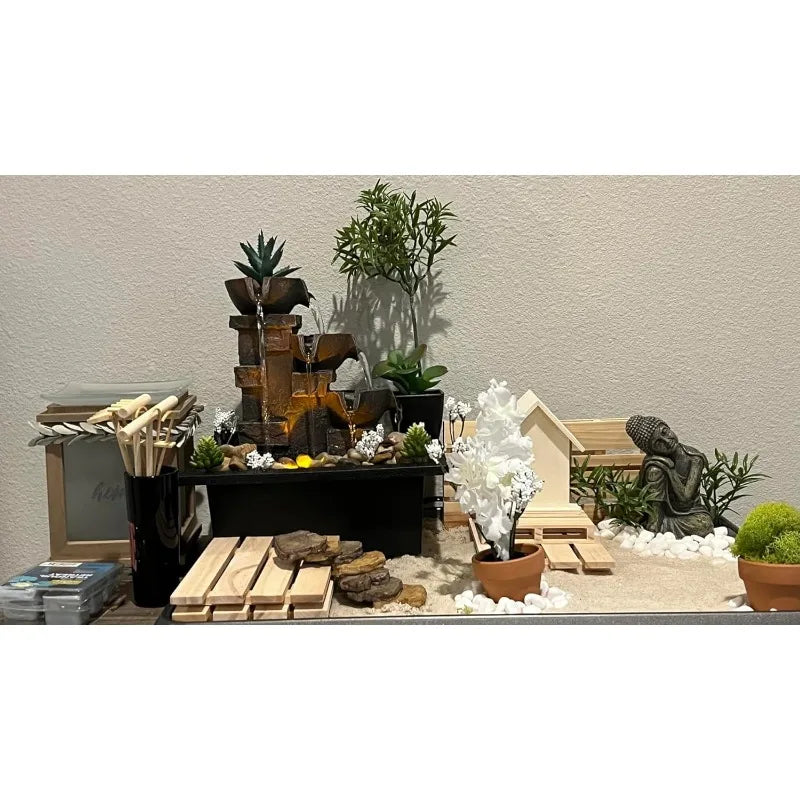 Home Décor Imitation 3-Tier Stone Wall Tabletop Fountain Many Natural River Rock Office Relaxing Desktop Zen Waterfall