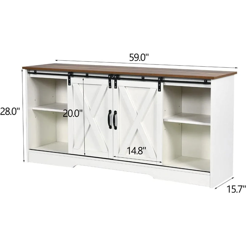 Farmhouse Coffee Bar Cabinet, 59" Buffet Cabinet with Storage & Sliding Barn Doors, Kitchen Storage Cabinet, Coffe