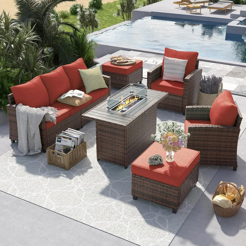 Outdoor Patio Furniture Set with 44" Fire Pit Table for Garden Backyard Deck, 6 Pieces Sectional Conversation Sets