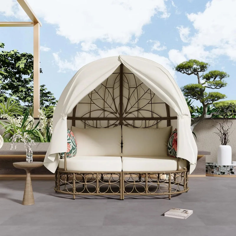Wicker Patio Daybed with Curtain, Outdoor Sunbed with Colorful Pillows for Patio, Backyard, Poolside, Floral Pattern