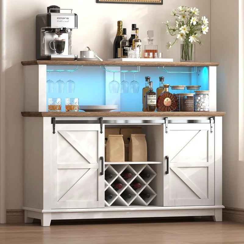Farmhouse Coffee Bar Cabinet with LED Lights, Buffet Cabinet with Storage & Wine Racks, Home Liquor Cabinet with Adjustable