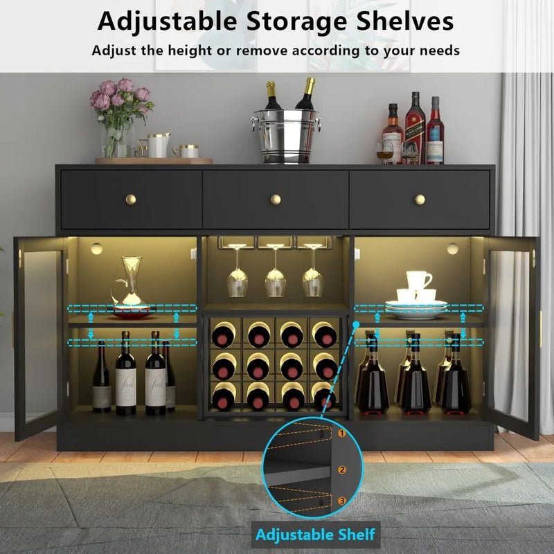 Wine Bar Cabinet with LED Light, Home Coffee Cabinet with Wine and Glass Rack, Kitchen Buffet Sideboard with Storage Drawers & A