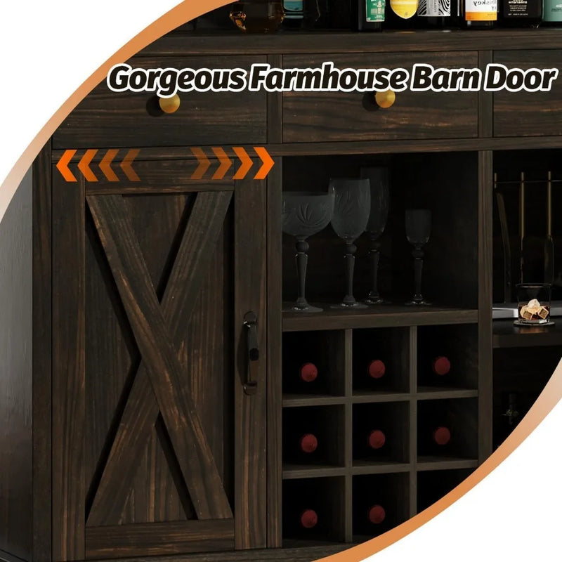 Farmhouse Home Bar Unit with 4-Tier Storage, 52 Inch Home Bar Table with 3 Drawers and 9 Wine Racks, Wine and Liquor Cabinet