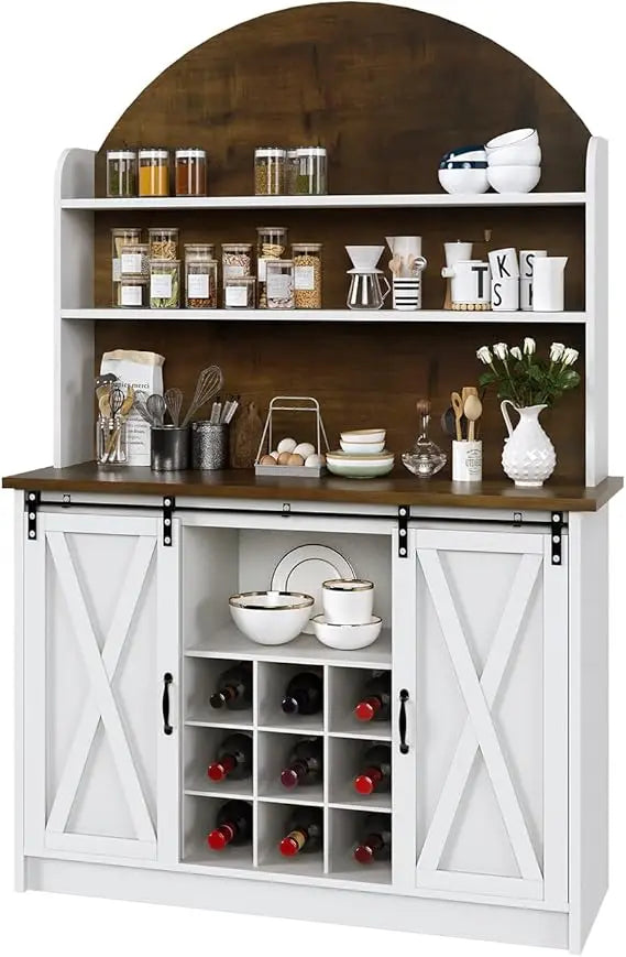 Arched Pantry Cabinet with Open Shelf, Tall Kitchen Pantry Storage Cabinet with Sliding Barn Doors, Farmhouse Kitchen Hutch Cab