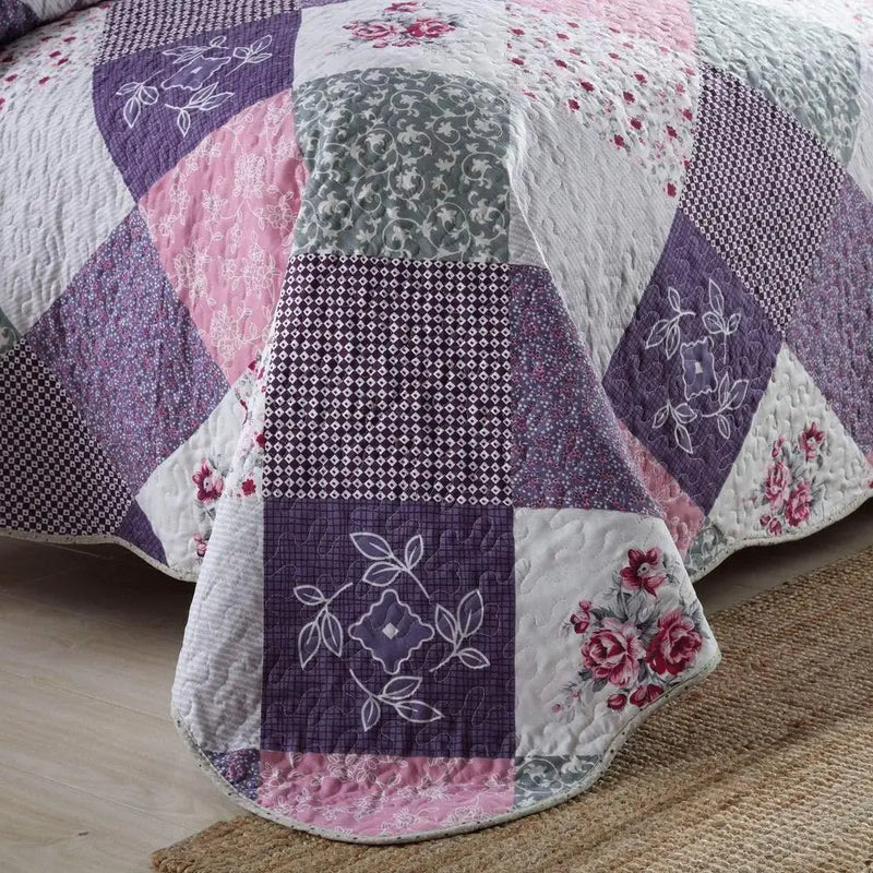 Reversible Microfiber Quilt Set 3 Piece All Season Patchwork Coverlets Floral Bedding Durable Soft Warm Lightweight